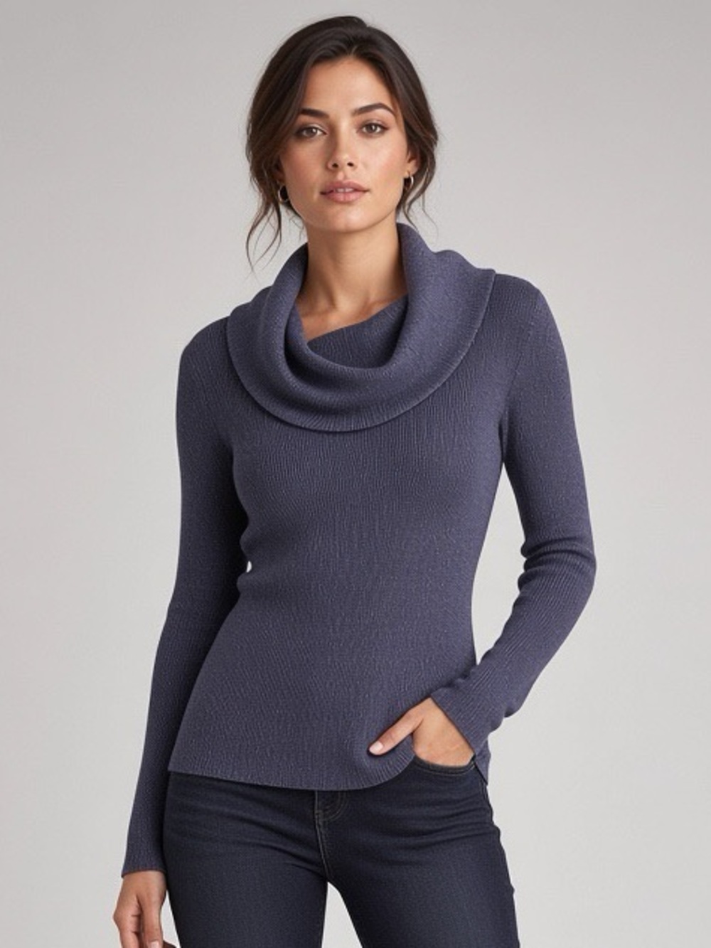 Michael Stars Slate Blue Cowl Neck Slim Knit Sweater